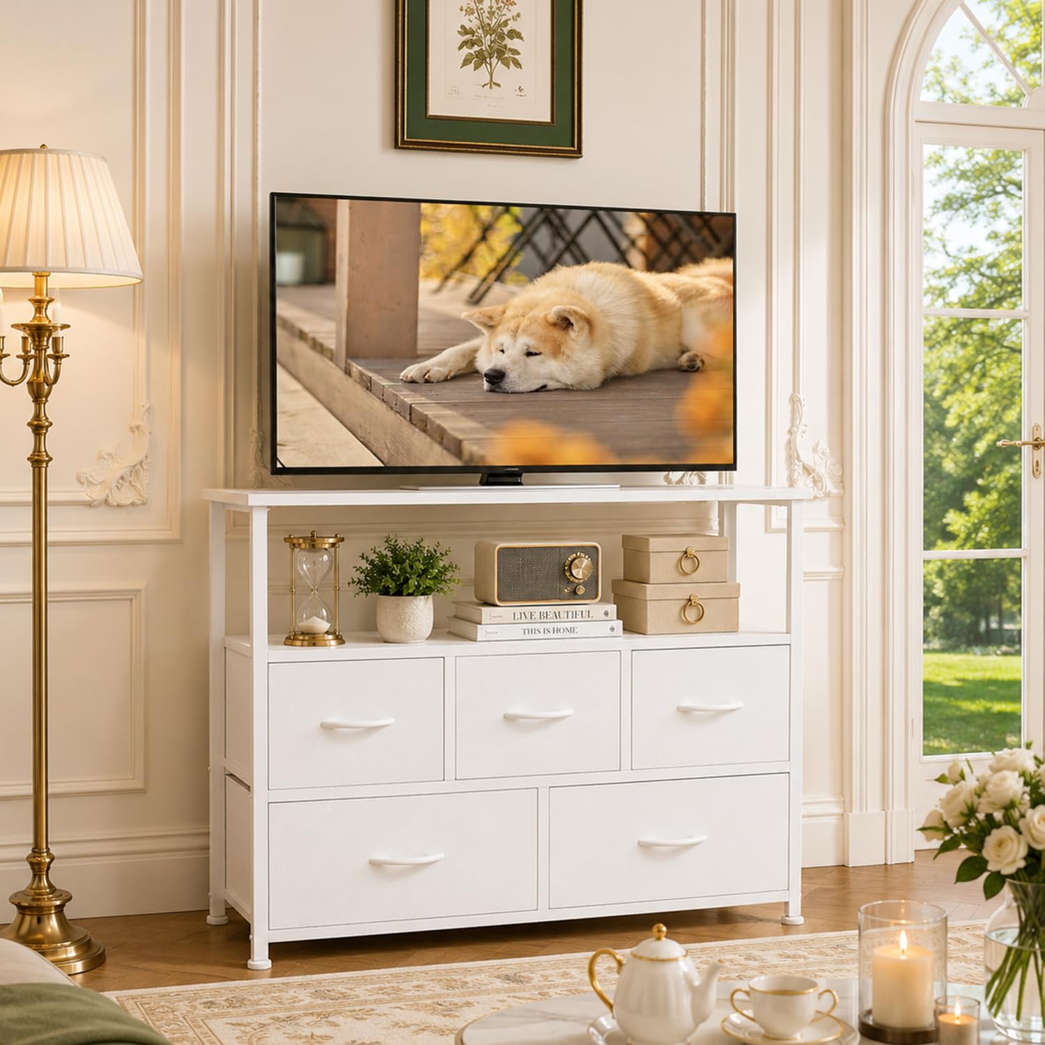 DUMOS Kommode mit Schubladen - kommoden & Sideboards für Schlafzimmer Geeignet, Komodenschrank mit 5 Schubladen, TV-Schrank mit Stahlrahmen,Schrank Klein, Ideal für Flur, Wohnzimmer (Weiß)