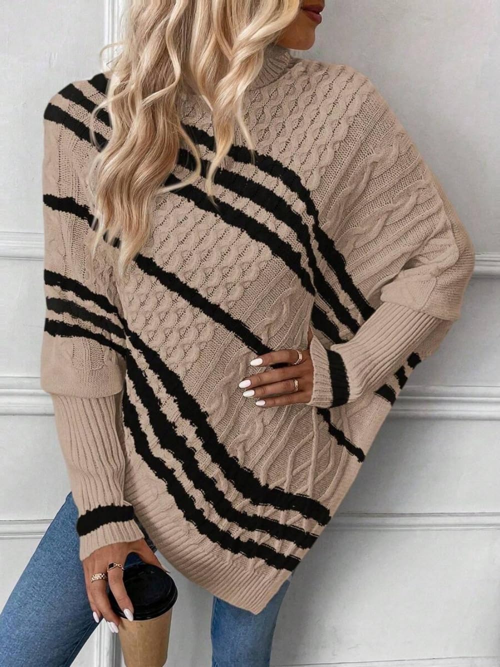 ZAFUL Women's Asymmetrical Turtleneck Poncho Sweaters Drop Shoulder Cable Knit Casual Pullover Sweater - Image 6