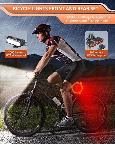 Miniatura 2 de ONVIAN Juego de faros delanteros y traseros para bicicleta de 2000 lúmenes, luces delanteras y traseras para conducción nocturna, impermeables,