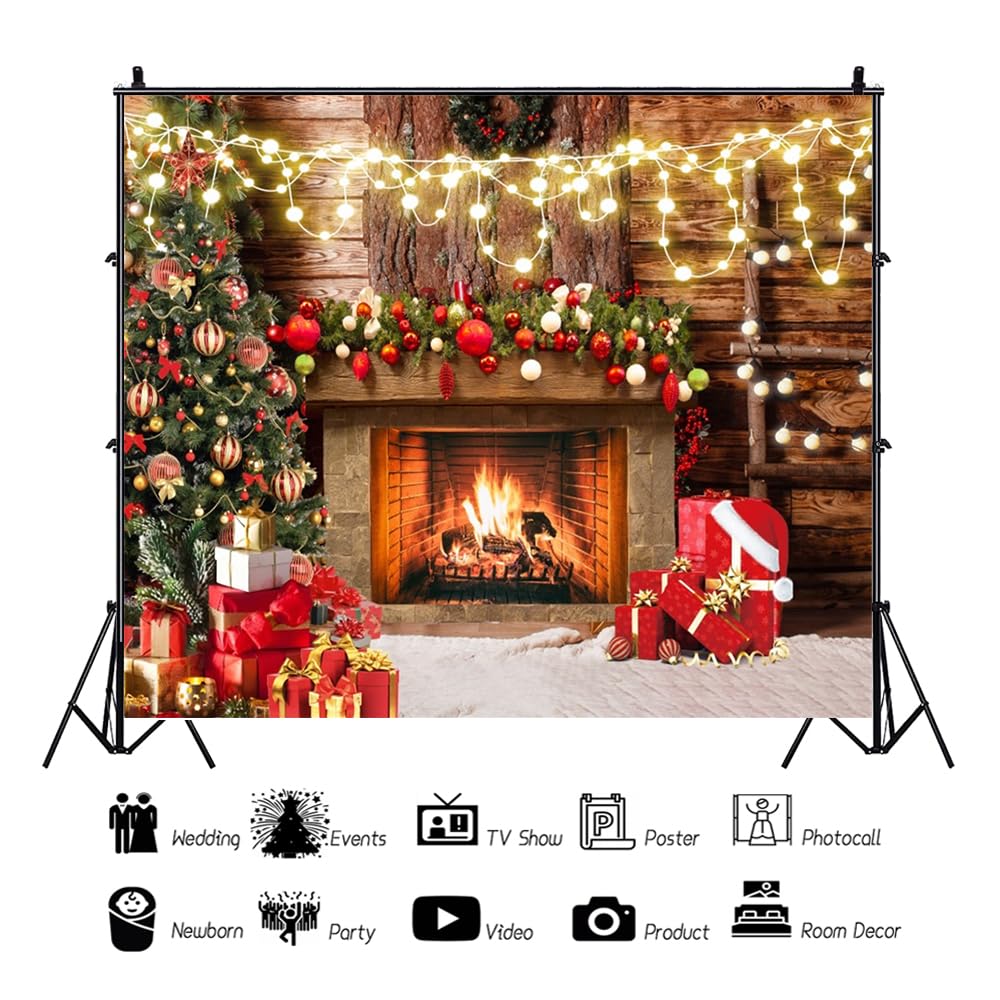Renaiss 3 x 2,1 m sfondo per camino natalizio per servizi fotografici di Natale alberi di Natale regali rustico fienile camino fotografia sfondo Capodanno festa di Natale sfondo decorazione studio