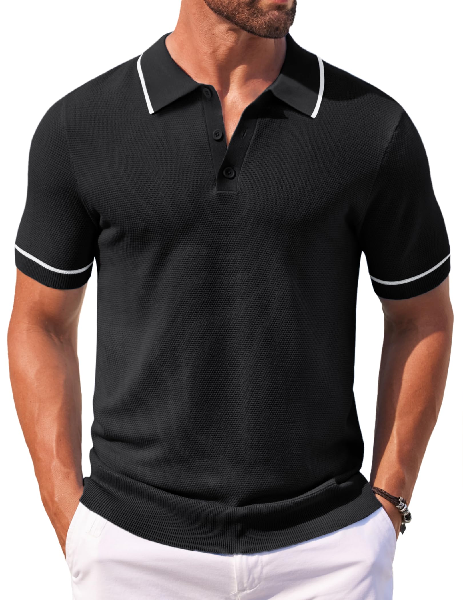 COOFANDY Men's Knit Polo Shirts Casual Short Sleeve Button Down Shirts Crochet Classic Golf Polo Collared Shirts