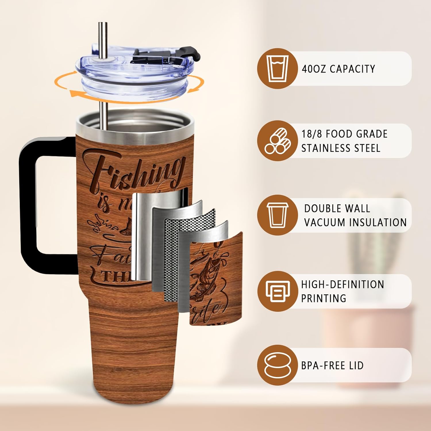 DUUV Fishing Gifts for Men, Fishing Coffee Mug Tumbler 40 Oz, Birthday Gifts for Men Dad Boys Who Love Fish, Fisherman Gift for Christmas Thanksgiving, 1PCS - Image 4