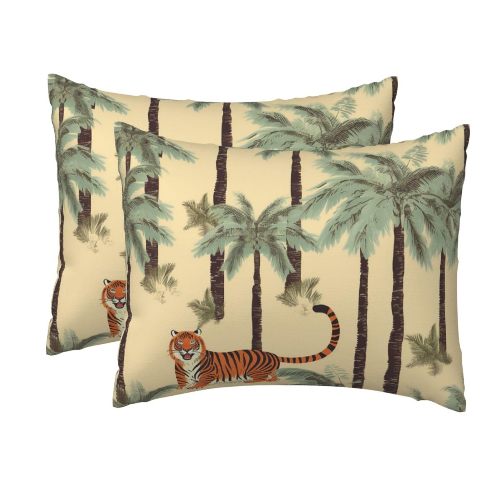 2 Pack Standard Size Pillow Cases for Hair and Skin Soft Breathable Pillow Case Covers with Hidden Zipper Palm Trees and Tigers Pillowcase 20x26 Inches Pillow Cover for Sleeping Gift