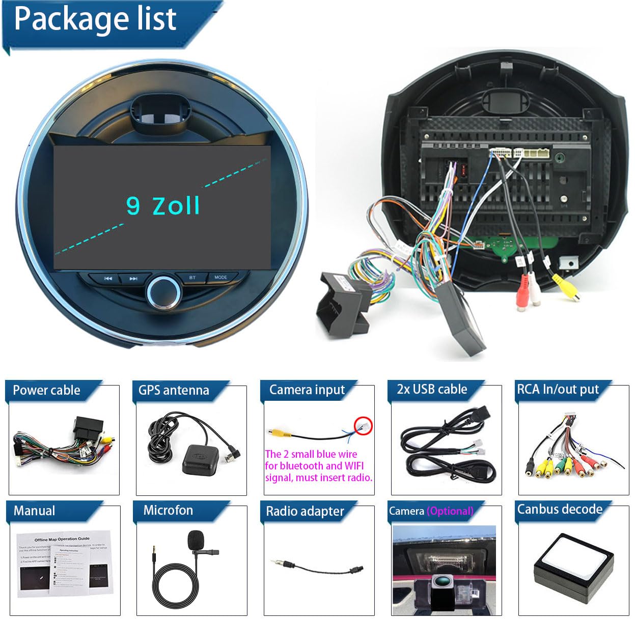 Autoradio Android BMW Mini Cooper R56 F55 F56 F57 avec Navigation GPS WiFi, Bluetooth, Phone Mirrorlink + Caméra de Recul HD pour John Works/One First/One D/SD 2013-2017