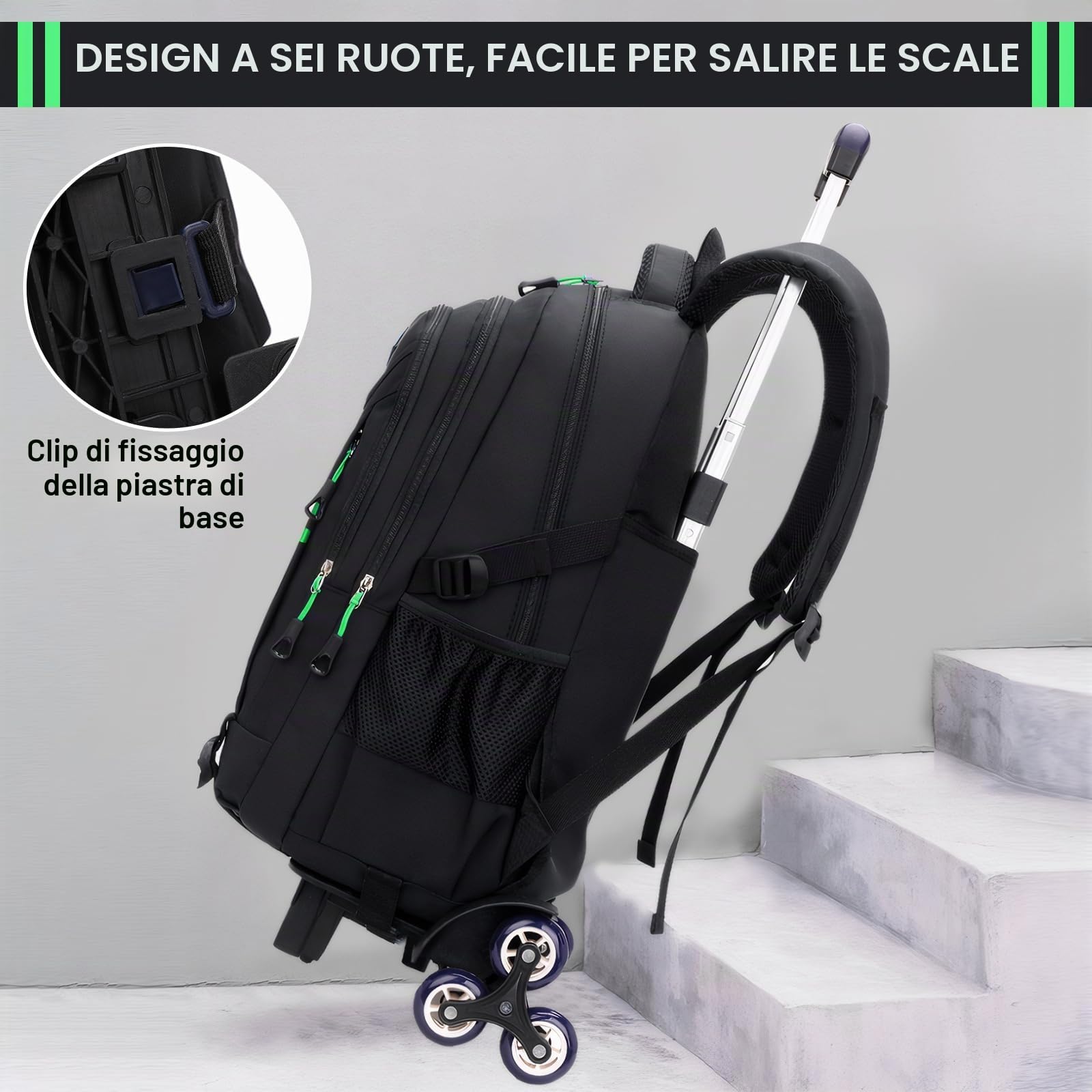 Amythe Zaino Scuola Trolley per Bambini Ragazzi, Zainetto con Carrello e Maniglia Telescopica per Viaggi, 6 Ruote, Zaini per Elementare e Medie per Adolescenti di 9-16 anni, Nero