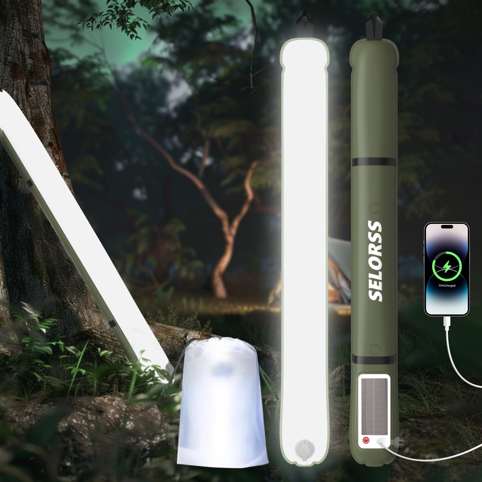 Lampes de Camping Gonflables Solaires 33.86IN/86CM Lampe Télescopique Pliable Outask, Lumière LED Extérieure Portable 2000mAh IP66 Étanche avec Lumière Blanche pour Camping, Randonnée - Vert