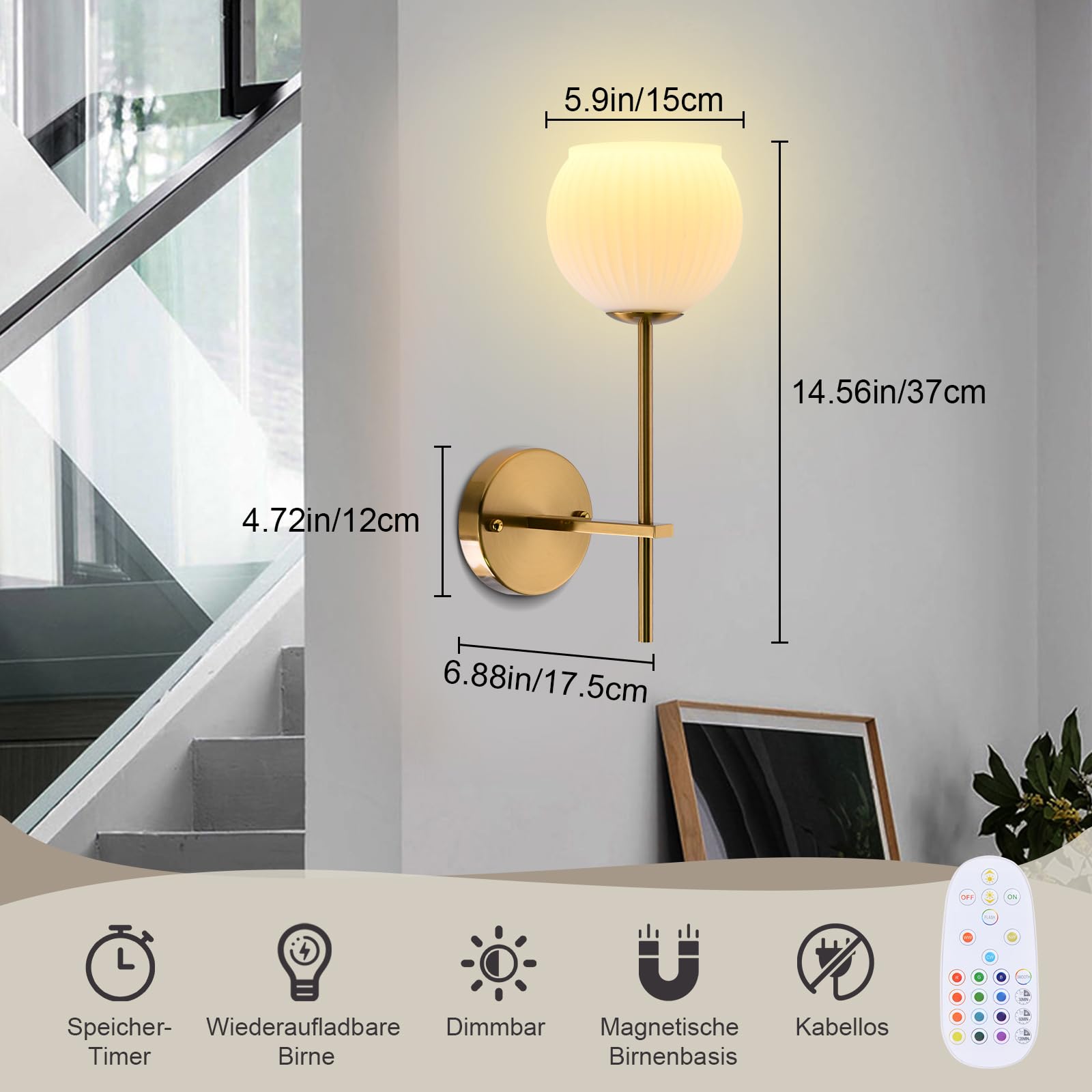 2 sztuki akumulatorowych lamp ściennych do wnętrz, 3200 mAh, szklana lampa ścienna bez przyłącza do prądu, złota, bezprzewodowa lampa ścienna z pilotem zdalnego sterowania, RGB i 3 CCT