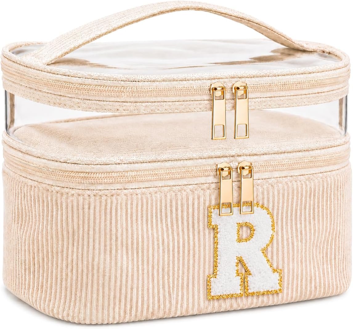 Initial Makeup Bag for Women, Double Layer Corduroy Cosmetic Bag, Preppy Letter Travel Toiletry Pouch, Large Capacity Makeup Organizer for Travel, Purse, Vanity & Gifts (Beige, R)