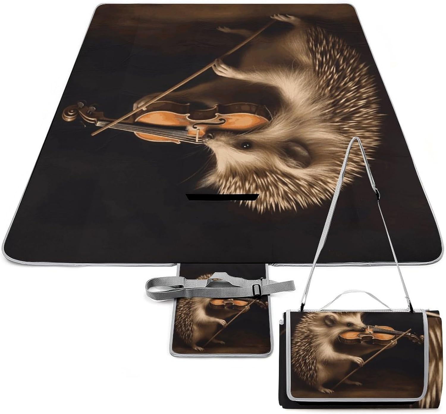 Animal Hedgehog Music Violin Waterproof Picnic Blanket 58.3''x58.3'',Portable and Foldable Picnic Mat with Handle,Outdoor Blankets for Lawn Park Beach Travel