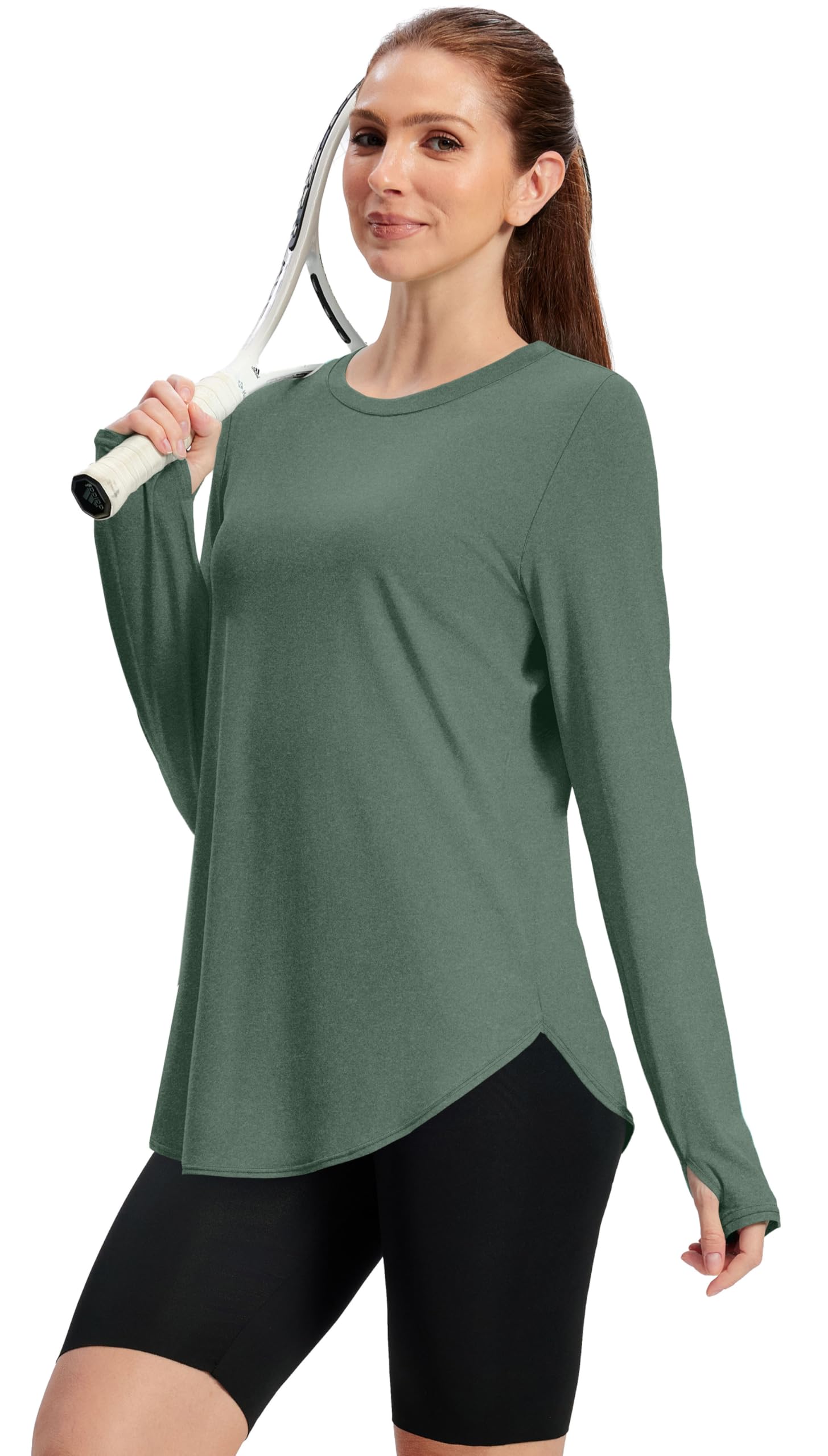 NIASHOT Workout Tops for Women Crewneck Long Sleeve Shirts with Thumb Holes UPF 50+ Sun Shirts for Hiking Running Gym Clothes - 3