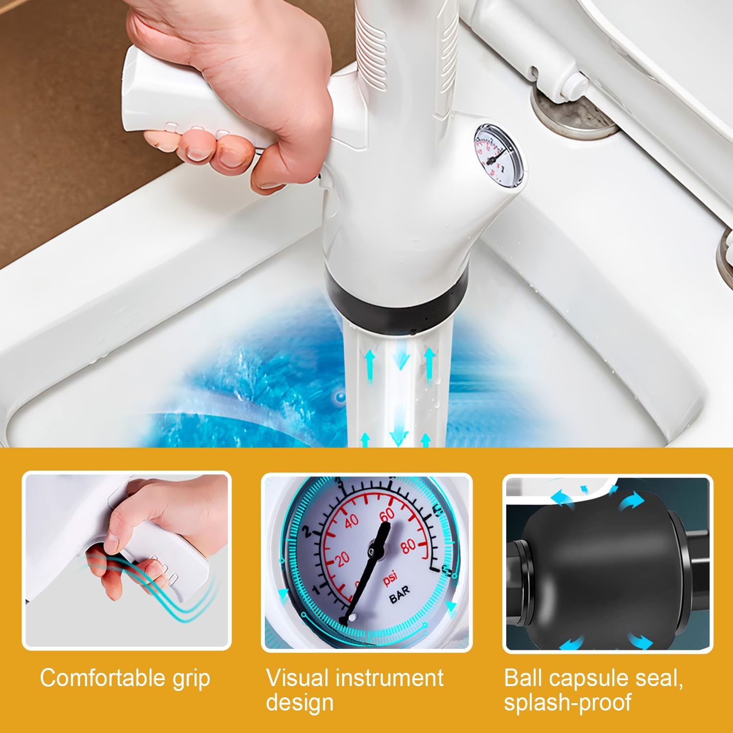 Stura WC con Barometro, Pompa Stura Scarichi a Pressione con 4 Testine Sostituibili, Stura WC ad Aria Compressa, Stura Lavandini e Scarichi Professionale, per Disintasare WC