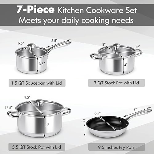 Miniatura 5 de PETSITE Juego de ollas y sartenes de 7 piezas, juego de utensilios de cocina de acero inoxidable con olla de 5.5 cuartos de galón, sartén