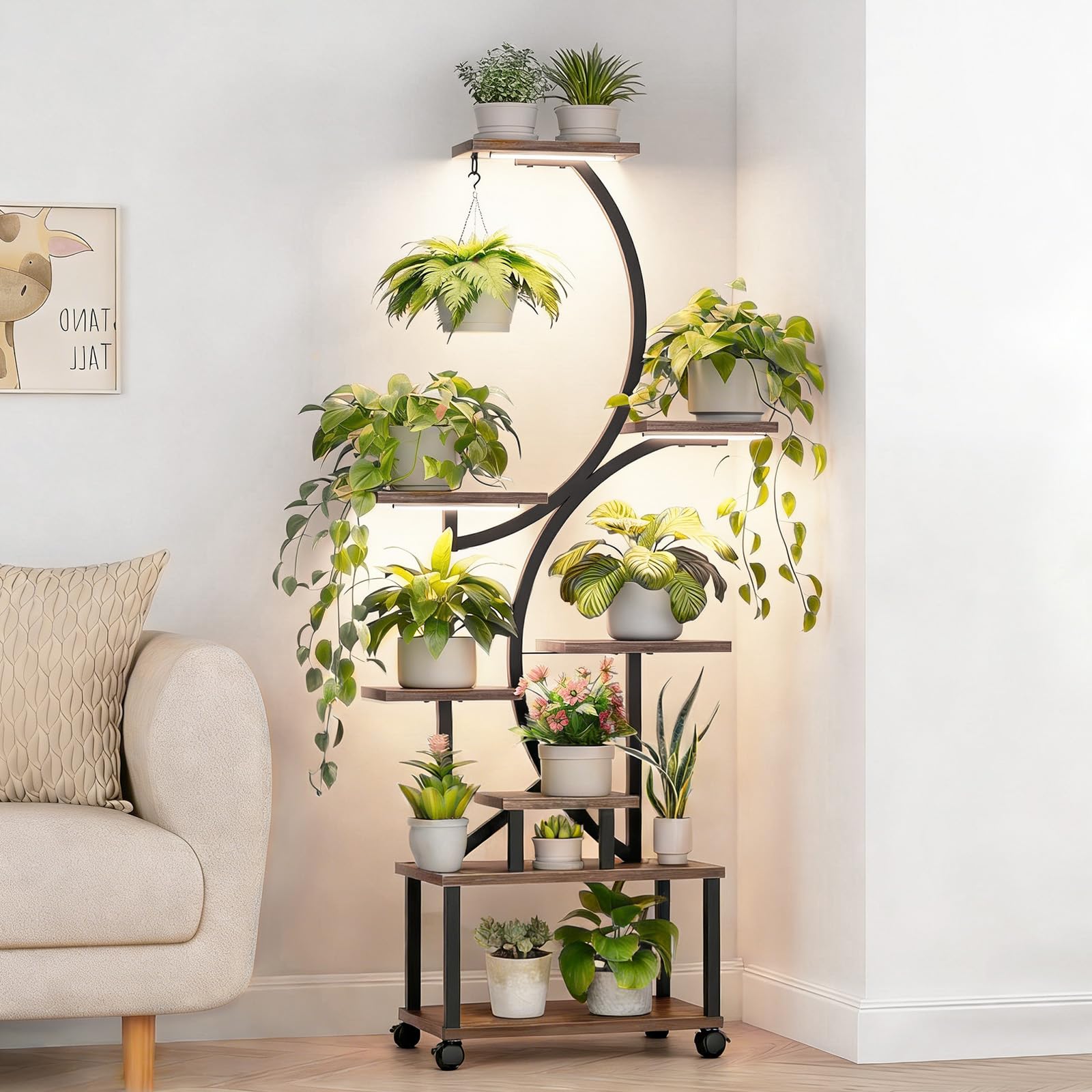 Support Plantes Interieur avec Roulettes, Porte Plante Intérieur Avec lampes de croissance, pour jardin, balcon, bureau