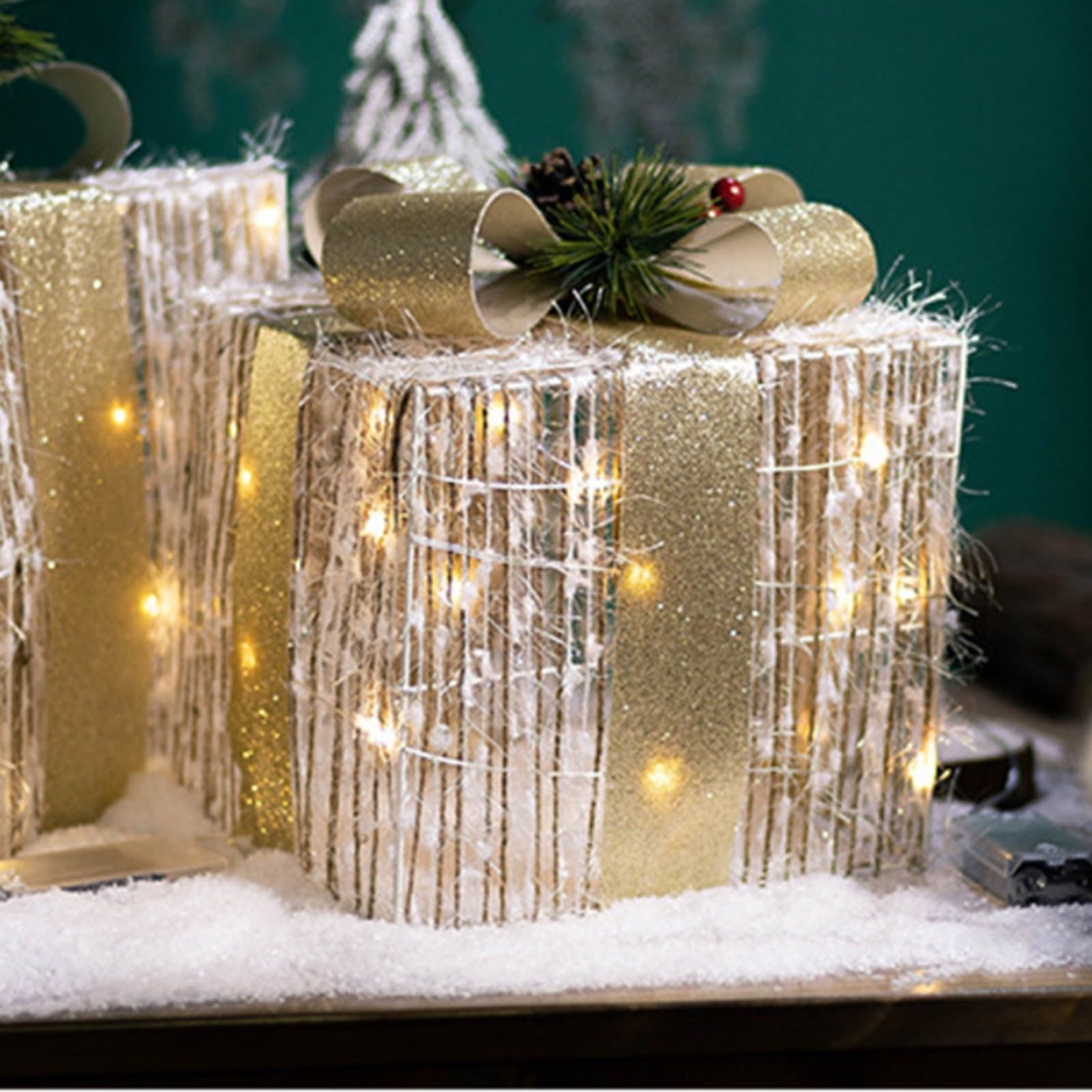 Set di 3 scatole natalizie illuminate, in peluche, decorazione regalo con timer, fiocco argentato, telaio in ferro battuto, per interni ed esterni (oro)