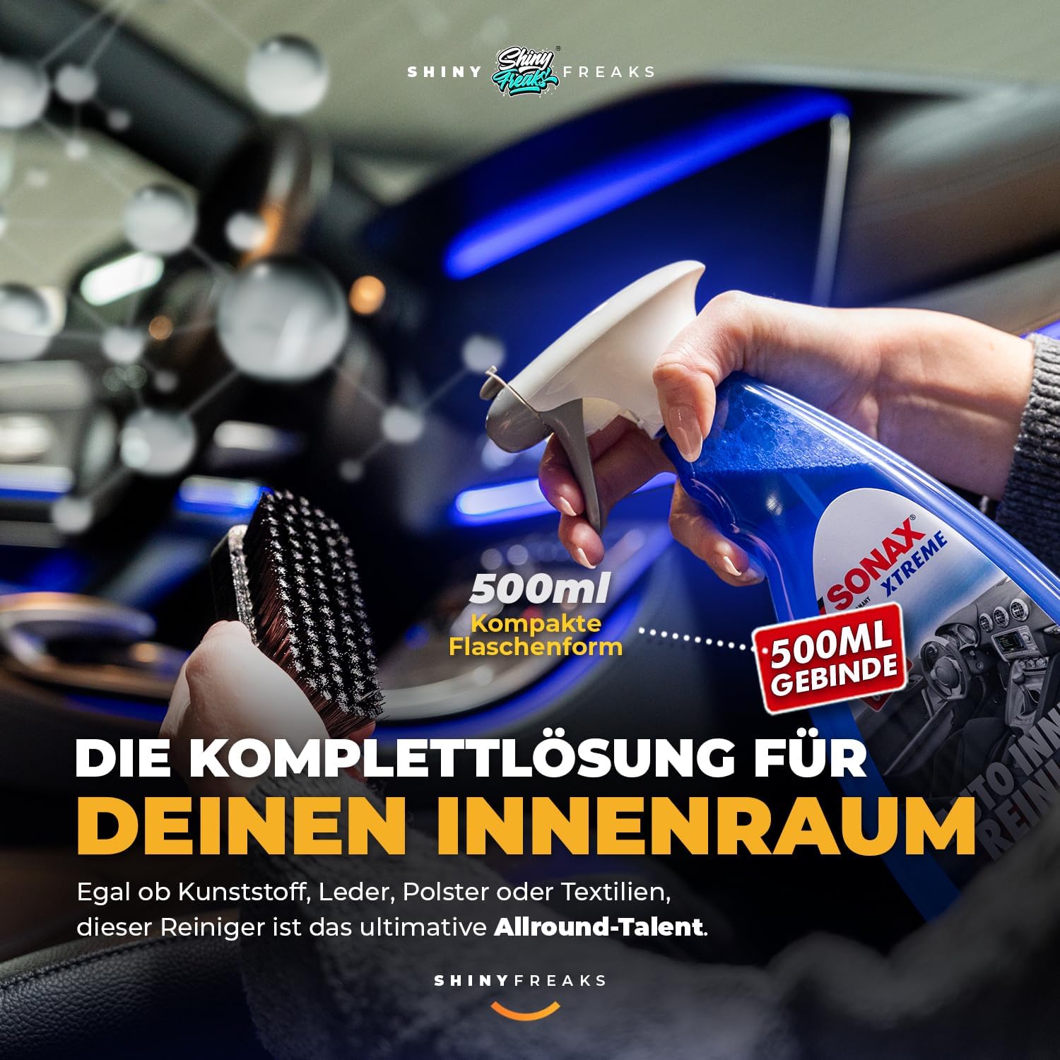 Sonax Xtreme (500 ml) Interior Cleaner Car + Brush + Chemicalworkz Brush + Shiny Freaks Microfibre Cloth - Car Interior Cleaner, Plastic, Upholstery, Leather, Cockpit Care, Car Cleaning Set
