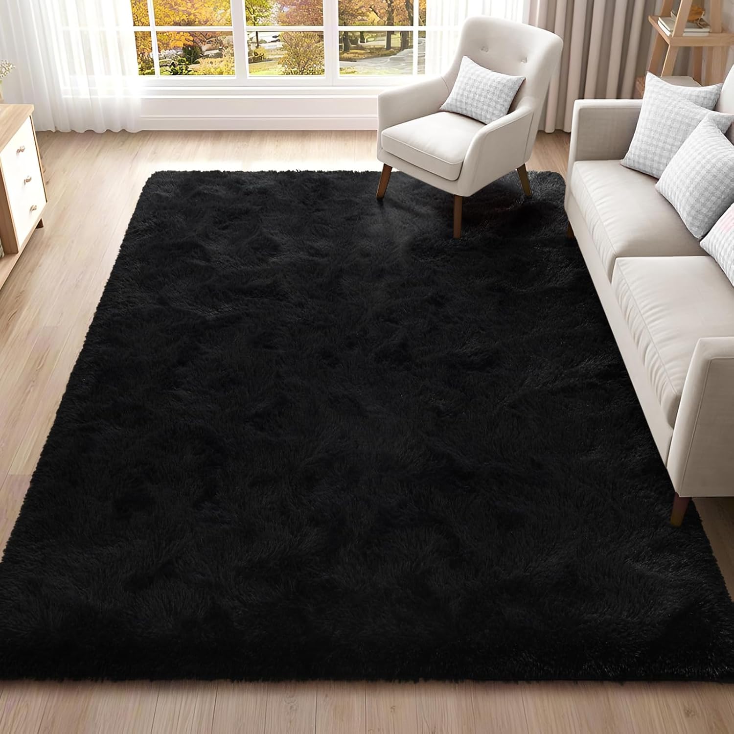 ISEAU Area Rugs 8x10 Feet for Living Room Rugs, Ultra Soft Fluffy Black Rugs for Bedroom, Non-Slip Modern Large Shag Bedroom Rug for Kids Room Dorm Home Decor
