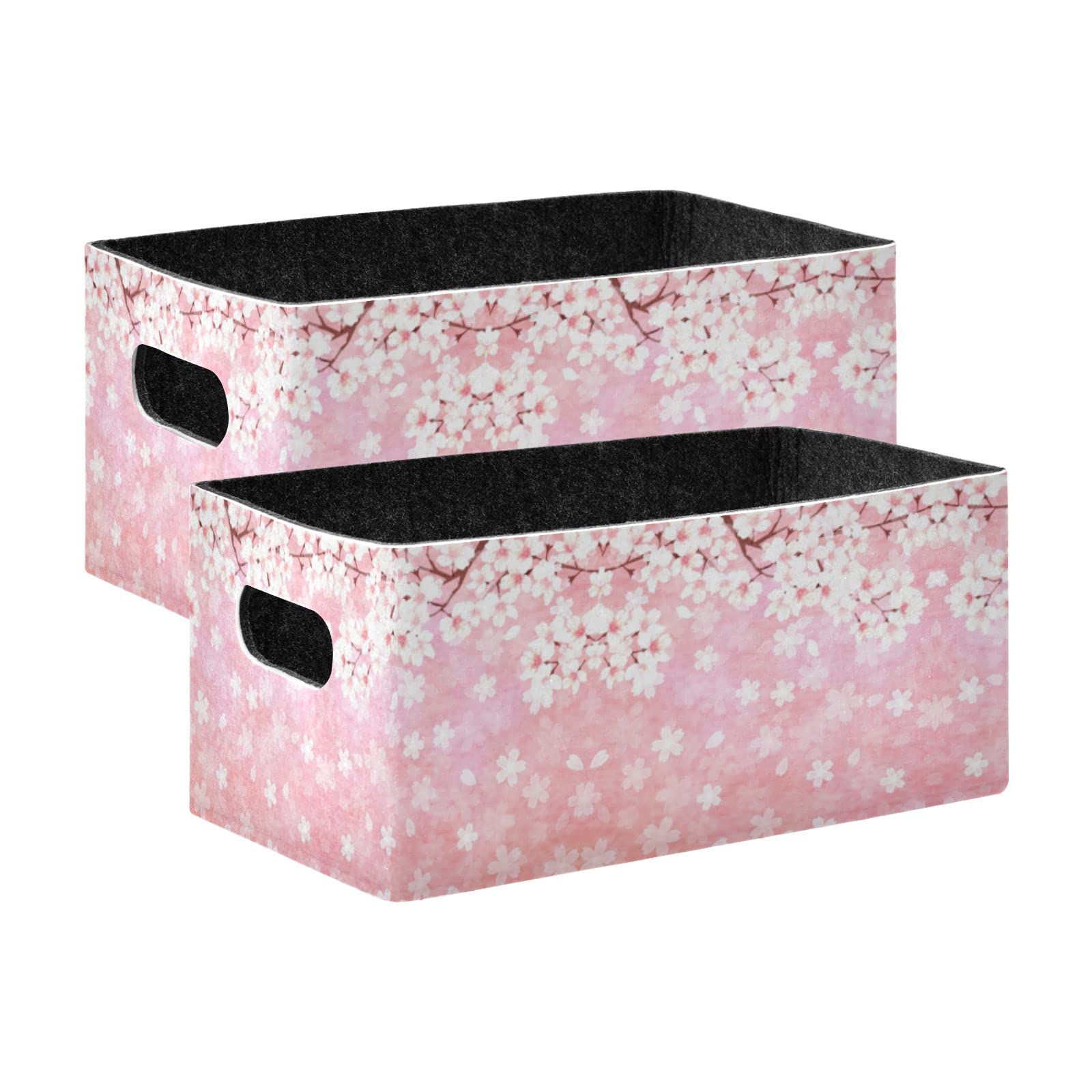 Oyihfvs Seamless White Spring Cherry Blossoms on Pink Background 2 PCs Rectangle Foldable Felt Storage Bin, Collapsible Cube with Handles Thick Fabric Box Organizer Clothes Supplies for Home