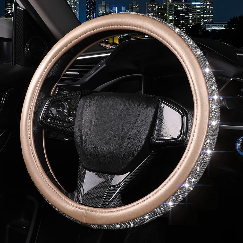 Bling Diamond Leather Steering Wheel Cover, Golden Steering Wheel Covers for Women Girls with Crystal Rhinestones, Universal Fit 14.5-15 Inch Car Steering Wheel Bling Cover Accessories - Image 7