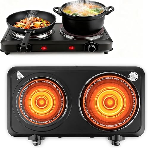 Miniatura 16 de Placa caliente de 2000 W, estufa eléctrica portátil para encimera, quemadores dobles con control de temperatura de 5 niveles y asas que se mantienen