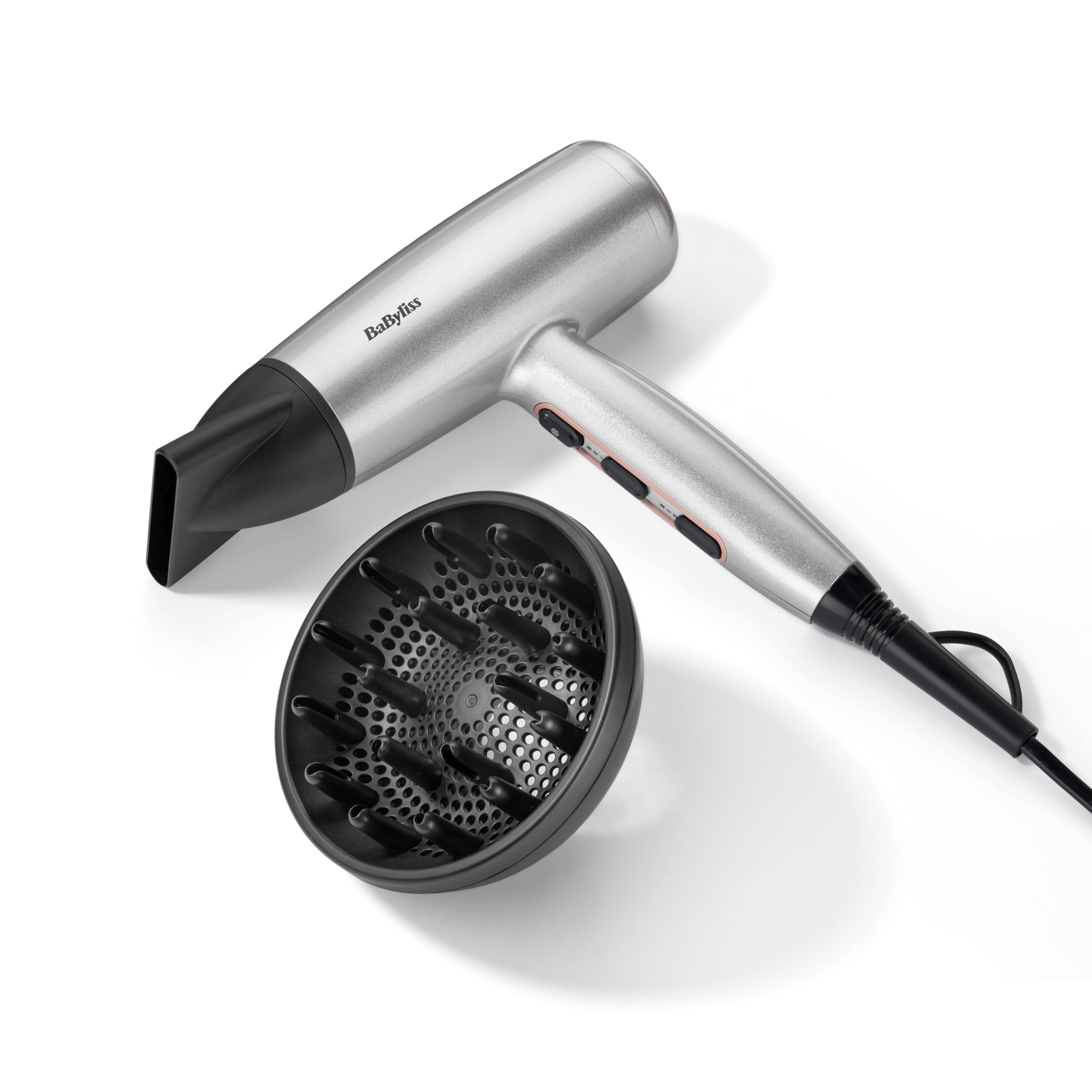 BaByliss Cosmos Secador de Pelo Ligero con Difusor – Secador potente y elegante de 2100W, Acondicionamiento iónico sin frizz, 3 niveles de calor y 2 velocidades, Plateado, D580DE