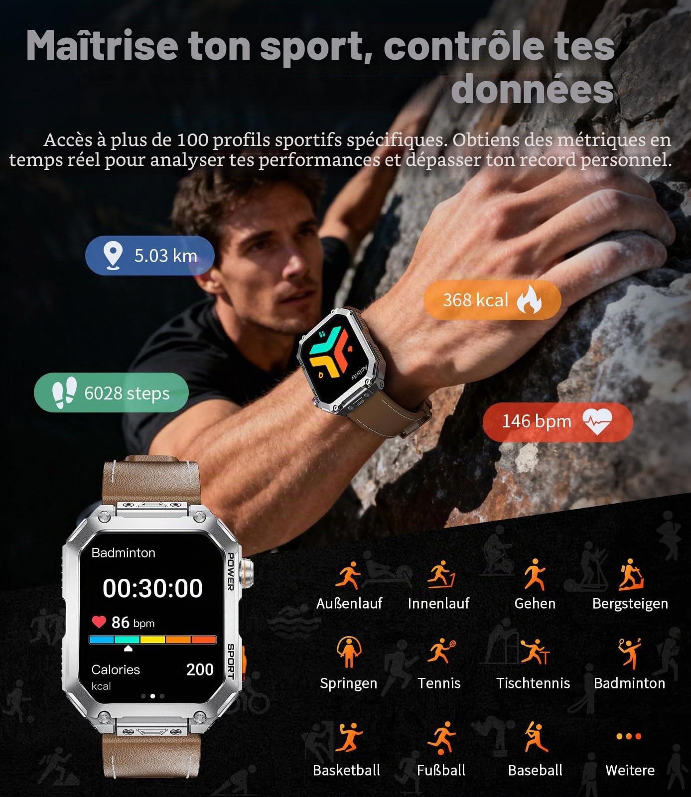 ESFOE Montre Connectée Homme Militaire,1,96" Smartwatch Homme avec Appel Bluetooth |3 Bracelets | 100+ Modes Sportifs|400mAh 5ATM Étanche|Fréquence Cardiaque Podomètre Fitness Tracker Argent Métallisé