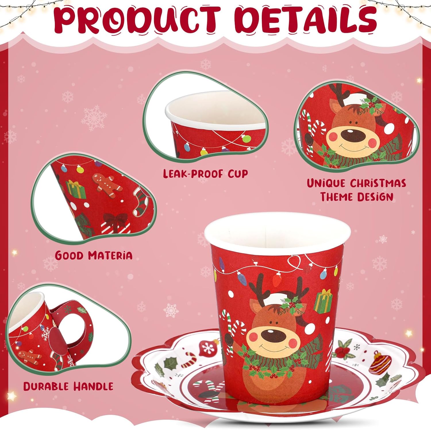 Honeydak 100 Pcs Christmas Disposable Paper Cups and Saucers Include 50 Pcs 9 oz Xmas Paper Cups with Handle Disposable Christmas Hot Chocolate Mugs Xmas Plates Teacups Set(Elk)