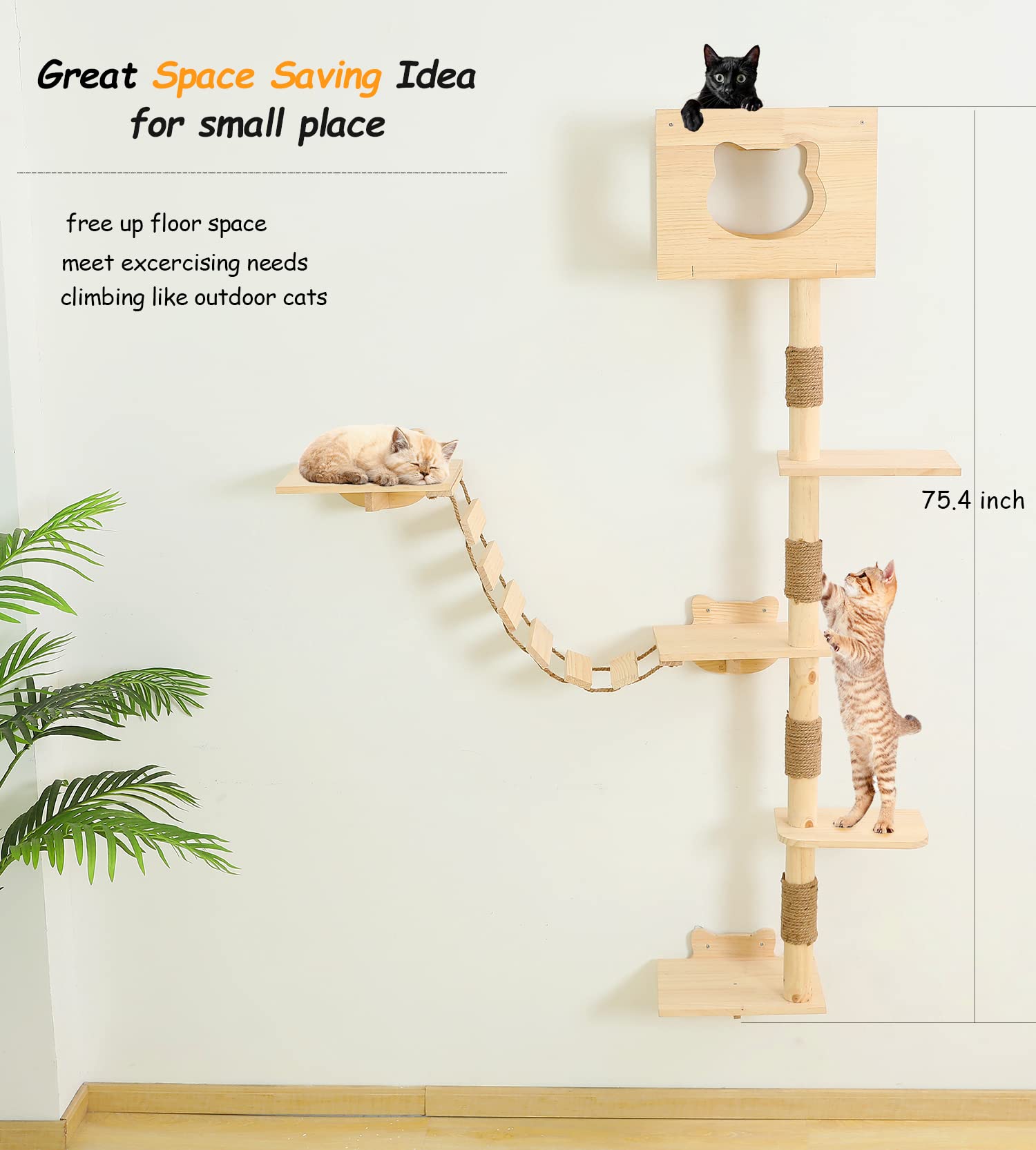Cat Tree House with Hammock Wall Mount Cat Shelf Climbing Tall Activity