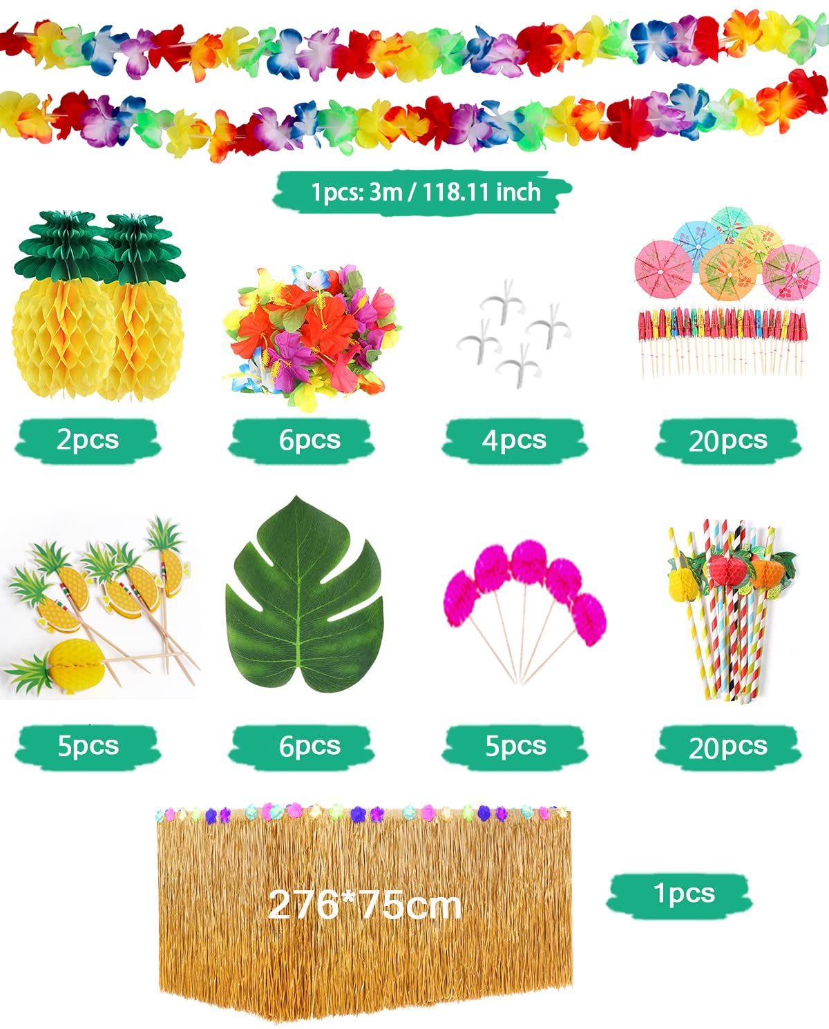 Décoration Hawaïenne Décoration Table Hawaïenne BangShou - Jupe Herbe 276cm Guirlande Fleurs Accessoires Luau - Thème Tropical Decoration Anniversaire Stitch