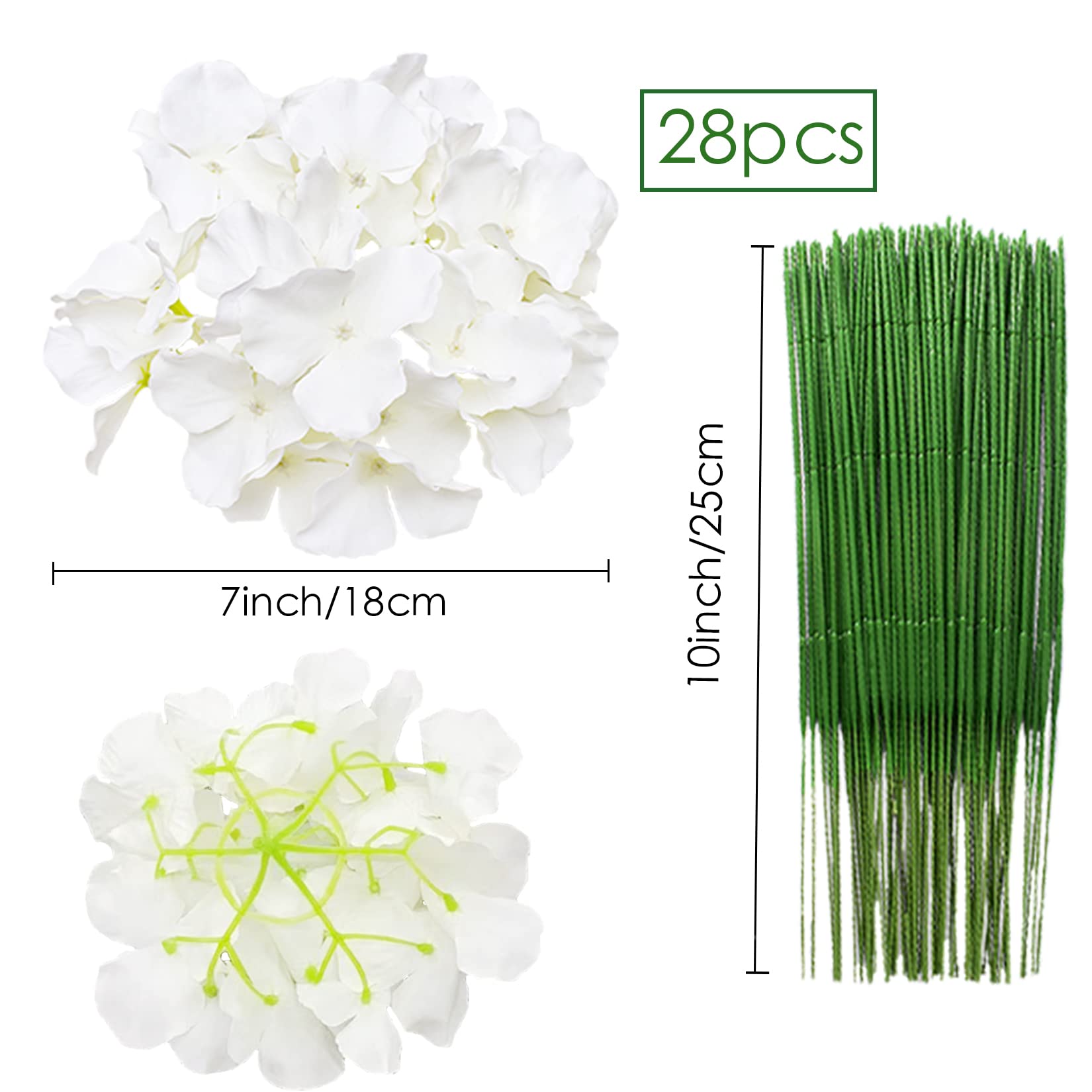 HinyoCo 28pcs Silk Hydrangea Flowers Heads 18cm Artificial Flower with Stems Fake Flowers for Home Wedding Party Decorations (White) - Image 2