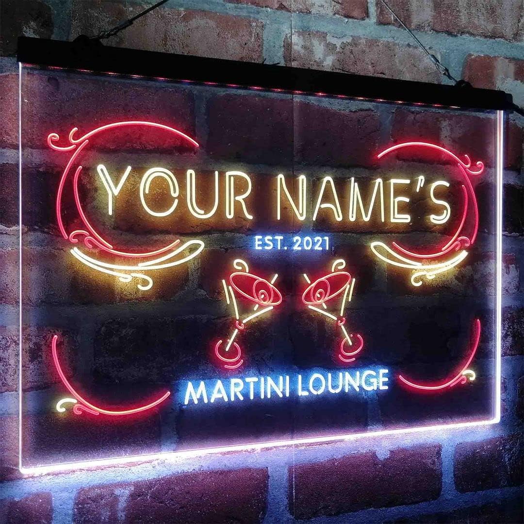 Personalized Martini Lounge Tri-Color LED Neon Light Sign Customize Name Date Text Quote Font White & Red & Yellow 13 x 8.7 Inches st9s32-ti1-tm-wry