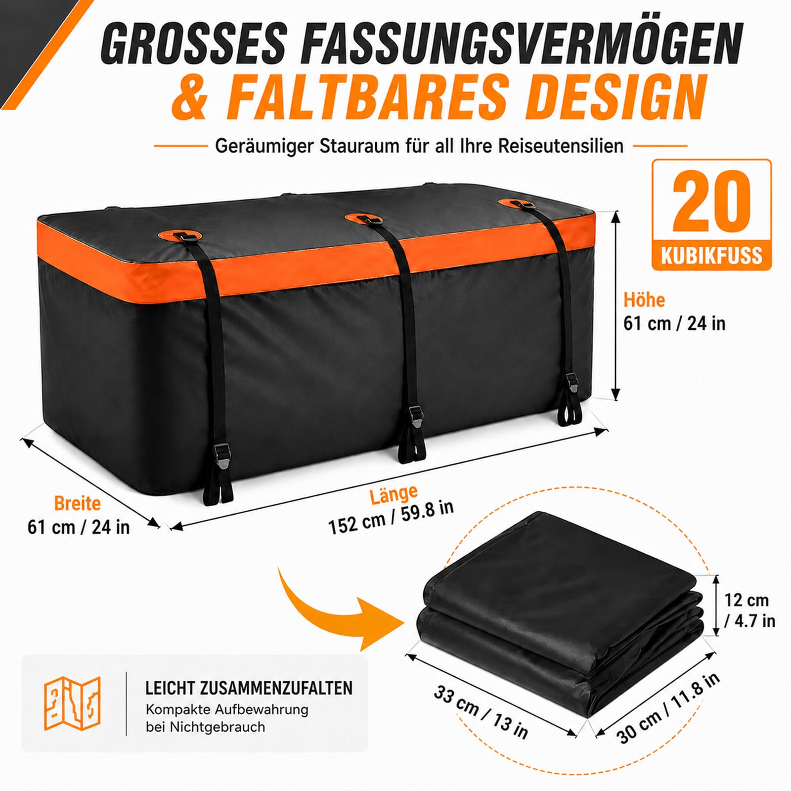 Caja trasera para enganche de remolque, 20 pies cúbicos (566 litros), bolsa de equipaje trasera de PVC, resistente al agua y plegable, 152 x 61 x 61 cm, bolsa de transporte de carga con 6 correas