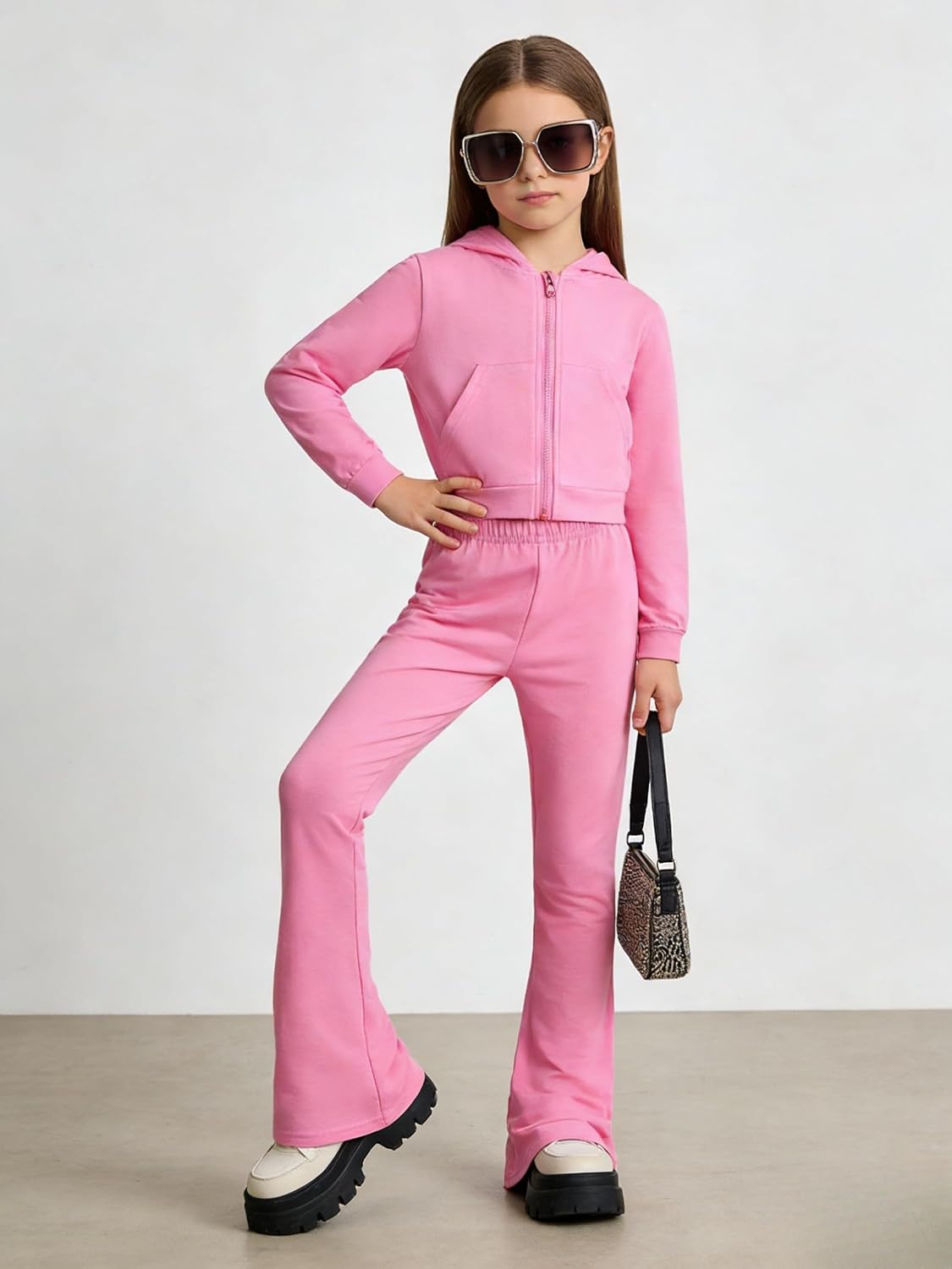 Teen Girls Clothes 2 Piece Spring Outfits Fashion Letter Print Hooded Zip Up Top Flare Pants Set for 7-14T