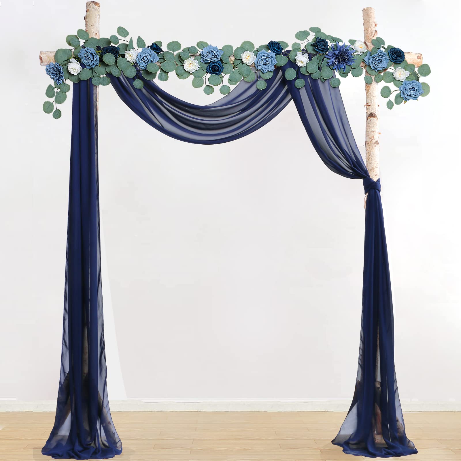 Forwedo 20Ft Wedding Arch Draping Fabric Panels, Navy Blue Chiffon Table Runner Decoration, Fabric Drapes Arbor Drapery Wedding Ceremony Reception Swag Decorations