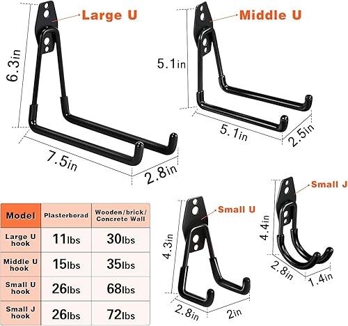 Miniatura 2 de GUDEMAY Paquete de 16 ganchos de garaje, colgador de herramientas de acero resistente y organizador para almacenamiento de montaje en pared,