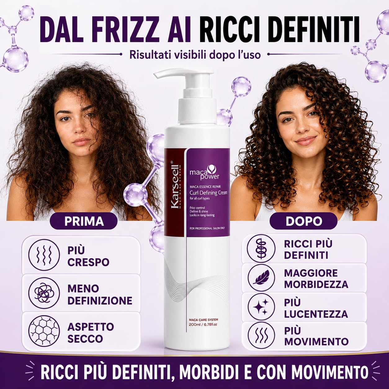 Karseell MACA CARE SYSTEM Crema Definizione Ricci Ravviva Boccoli Trattamento Idratante Riparatore Capelli Mossi Anticrespo Nutrizione Profonda Cheratina Olio Argan Oliva Mandorle Professionale 200ml