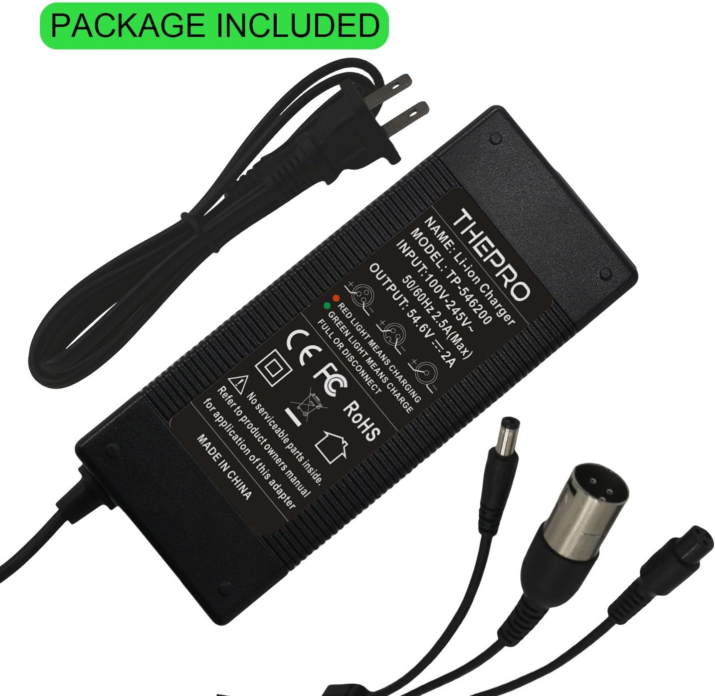 THEPRO 54.6V 2A Charger, Universal Smart Charger for 48V Li-ion Battery, with DC5.5MM Jack Connector, 3-Prong Inline Connector, 3pin XLR Plug