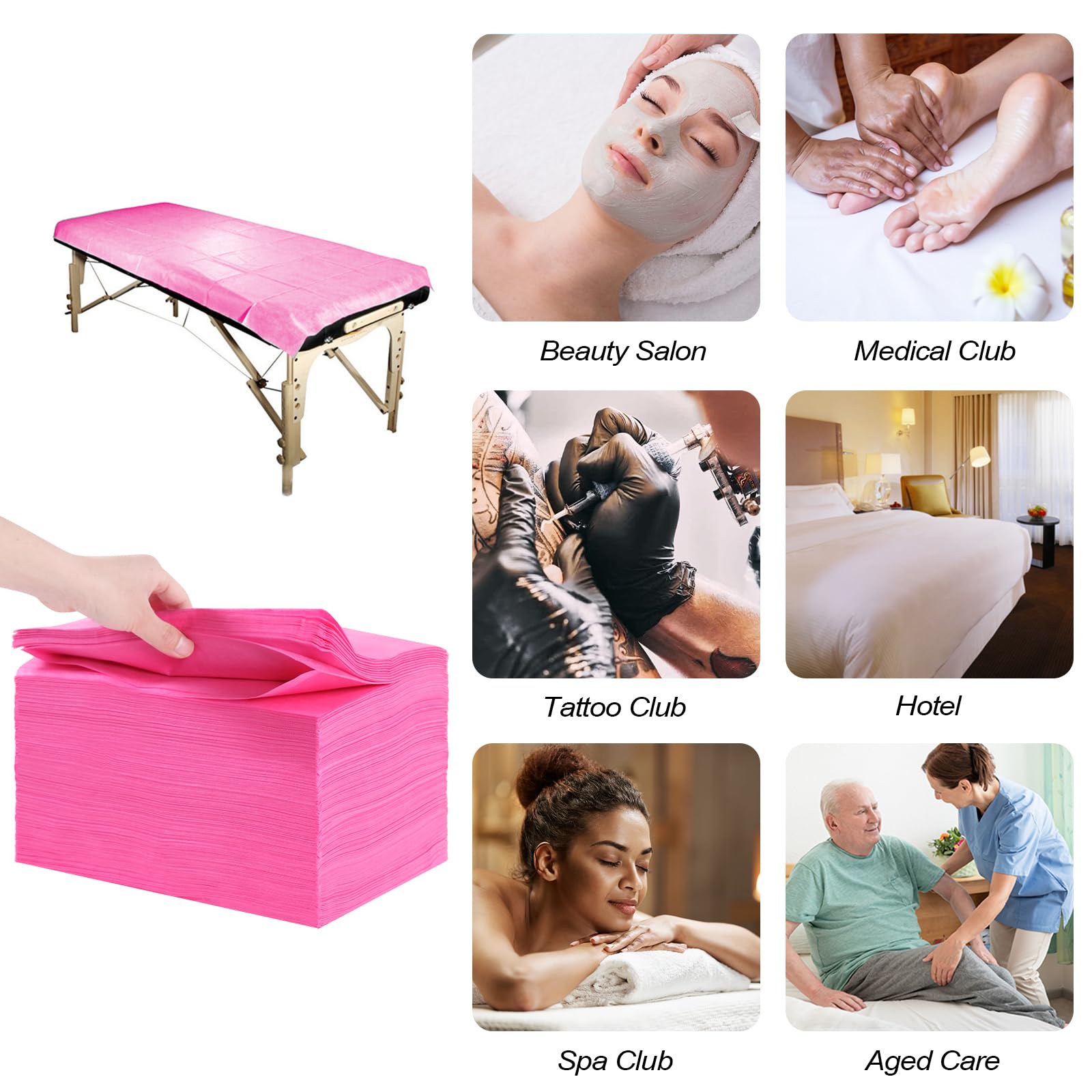 100 sábanas desechables, 31 x 71 pulgadas, protector impermeable para mesa de masaje, tela no tejida, para terapia de masaje, tatuaje, salón de belleza, hoteles, esteticista (rosa)