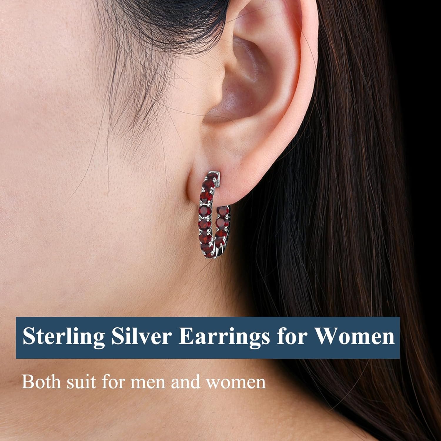 Hoop Earrings for women 925 Solid Sterling Silver, Natural Gemstone with 24 Grains Round Shape Main Stone Rhodium Plated Classic Style Fine Jewelry for Birthday Christmas Gifts Natural Garnet image 4 of 8 B09MH8NW15