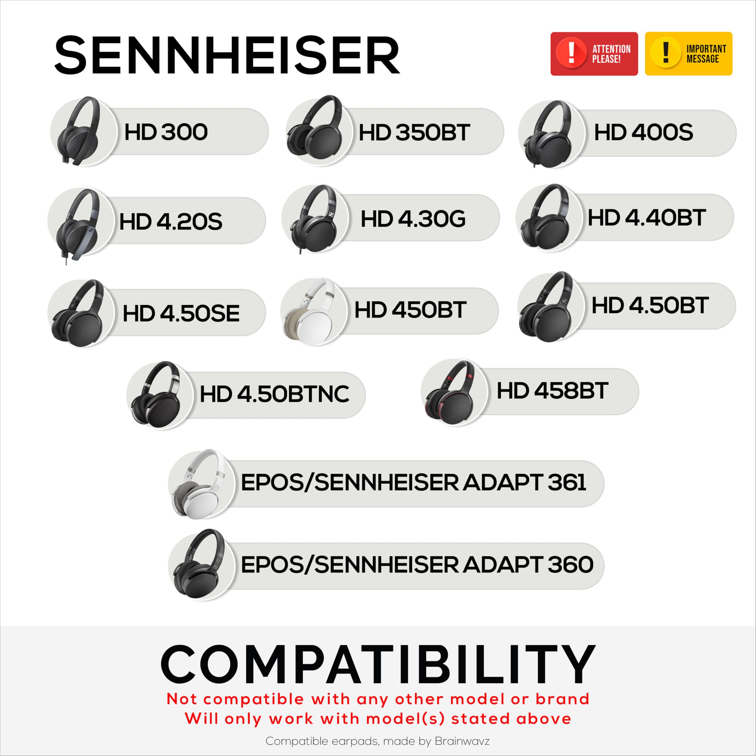 Brainwavz Ersatz-Ohrpolster für Sennheiser HD4.50BT HD4.50BTNC HD450BT HD4.50SE HD4.40BT HD4.30G HD4.20S HD458BT HD450 HD400S HD 350BT Weiches Echtleder + Memory-Schaum für zusätzlichen Komfort – von