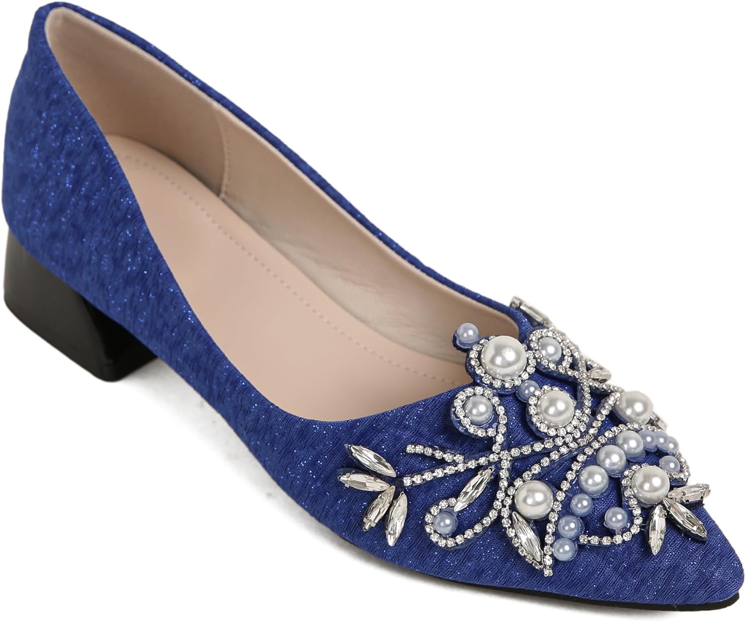 Women's Rhinestone Fashion Pointed Toe Pearl Diamond Low Heel Dress Wedding Work Business Dance Pumps - Image 3