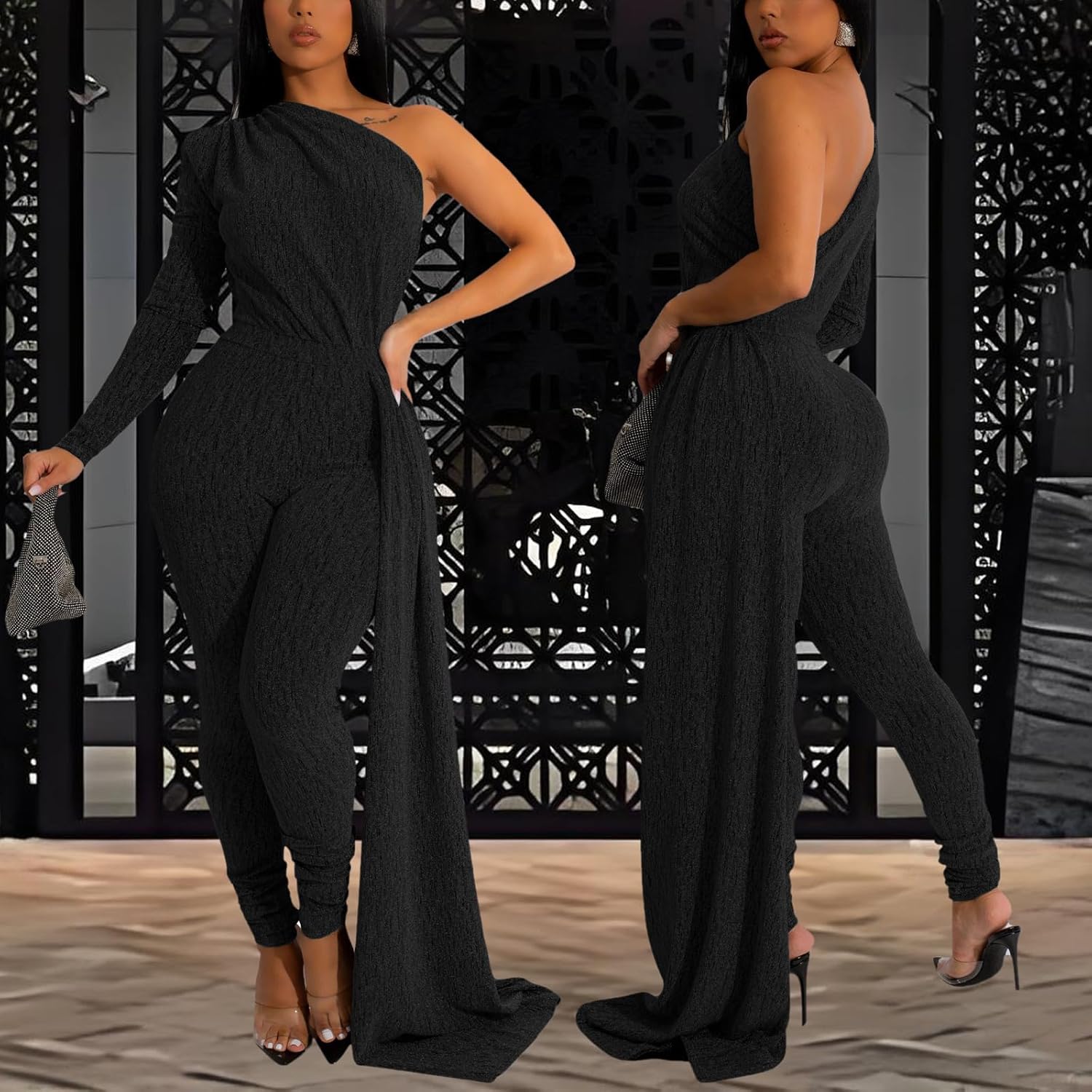 Women's Sexy Sparkly One Shoulder Long Sleeve Bodycon Jumpsuits Stretchy Long Pants Clubwear Party Rompers With Belt Rope - Image 4