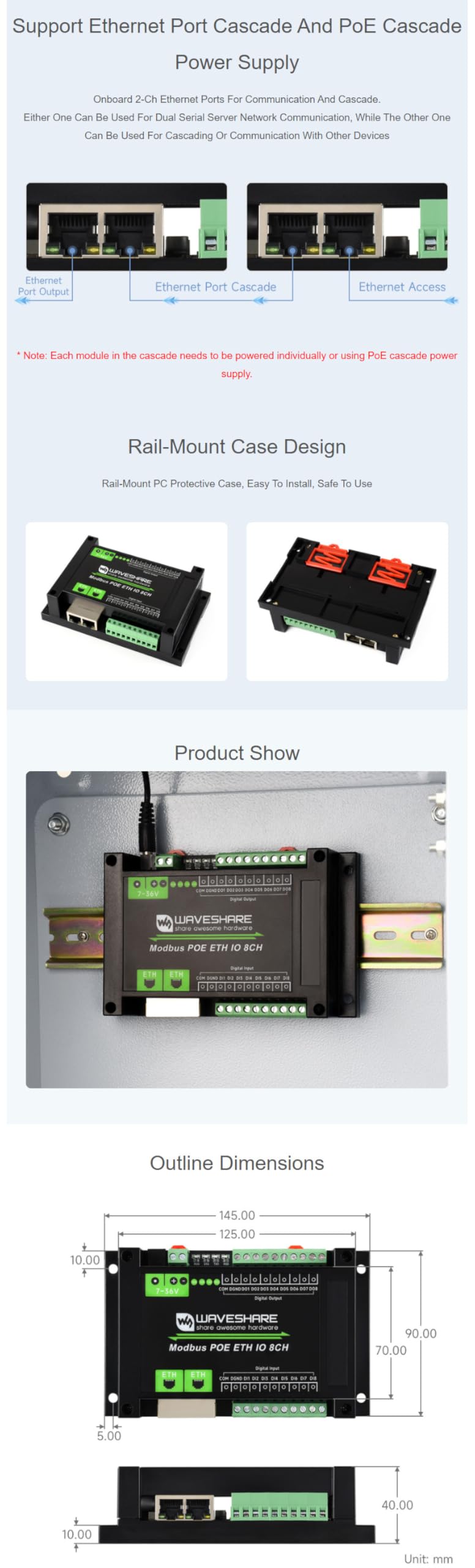 PoE Ethernet Modbus IO Module 8DI 8DO, Modbus TCP/RTU, Dual LAN Ports Cascade, IEEE 802.3af PoE + DC 7-36V, 500mA Sink Outputs, DIN Rail Mount, Isolation Protection