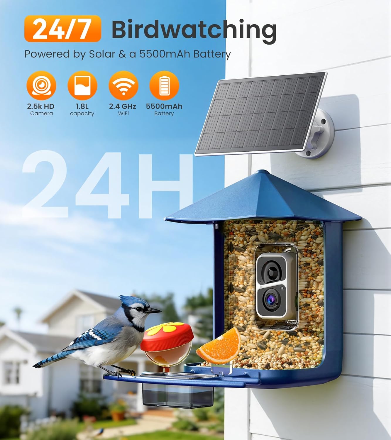 Smart Bird Feeder with Camera - 2.5K HD Night Vision Bird Feeder with Camera Solar Powered, Free AI Identify Auto Video 170° Live View Birds Feeders for Birds Lovers Outdoors(Blue)