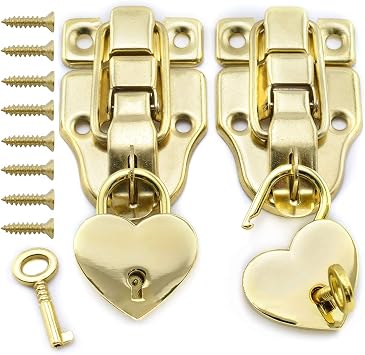 SDTC Tech Antique Cabinet Duckbilled Toggle Hasp Latch and Heart-Shaped Padlock Kit with Matching Screws for Jewelry Box Wooden Case Trunks Furniture Decoration - Gold 2X Toggle Latches + 2X Locks