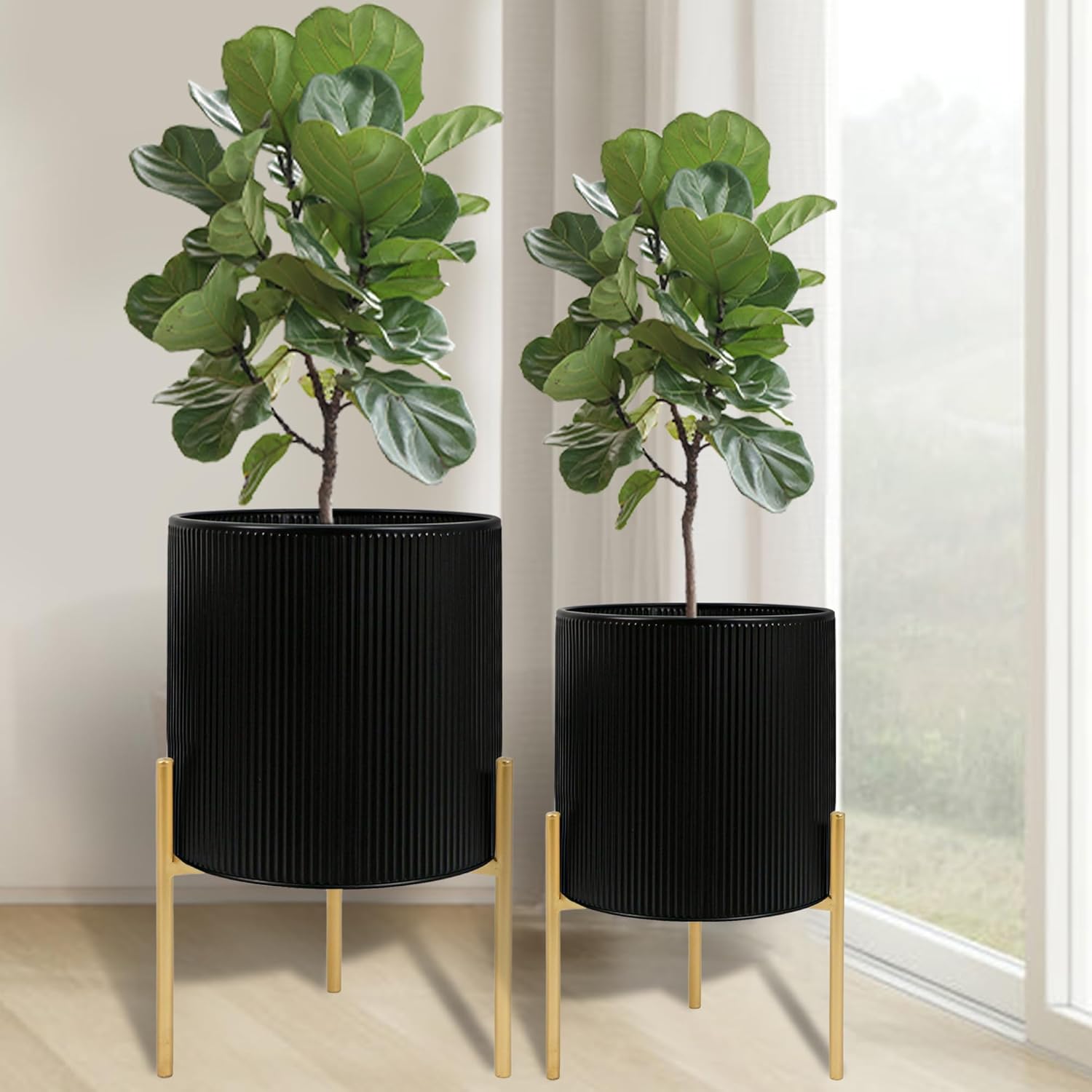 ARNIS Modern Plant Pots, Set of 2 Round Large Planters with Stand, Large Size Metal Pots with Drainage Holes for Living Room, Office, Garden or Balcony, 10.5 &12.25 Inch, Black & Gold Black 10.5 &12.25