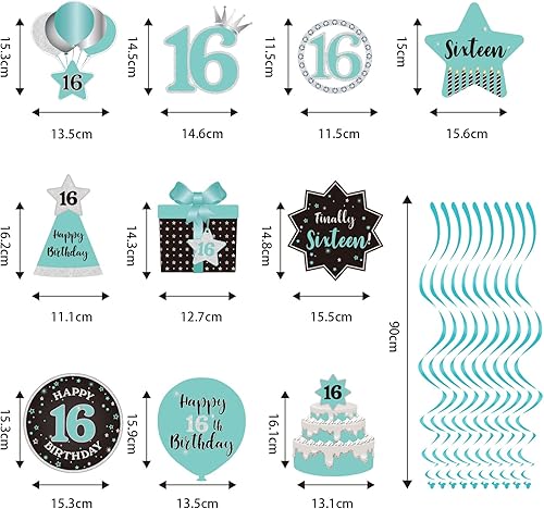 Miniatura 3 de Decoración de techo de remolinos colgantes para fiesta de cumpleaños número 16, decoración de techo con 16 remolinos colgantes de papel de aluminio