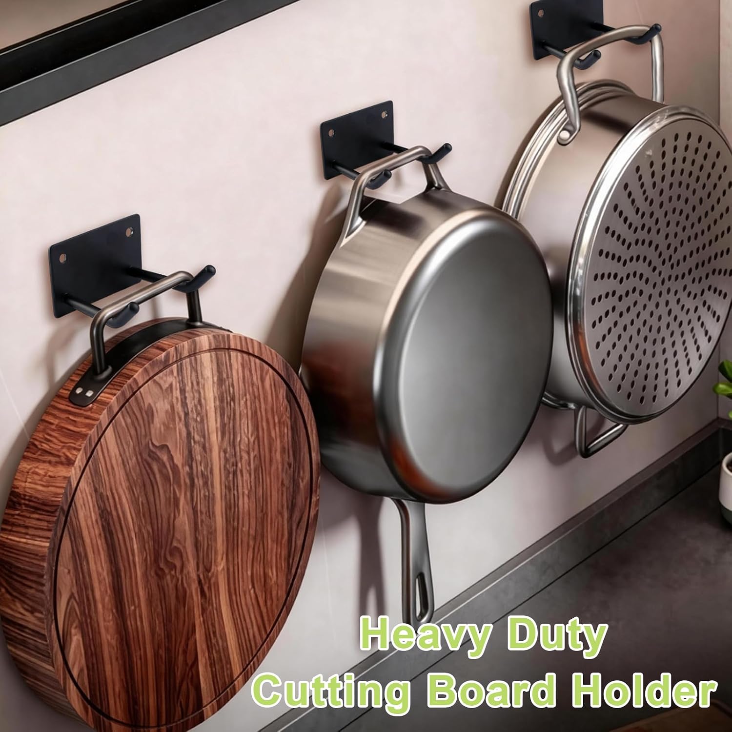 Cutting Board Double Hook Stainless Steel Chopping Board Organizer Heavy Duty Kitchen Utensil Hanger Wall Mount Utility Hooks with Adhesive & Screws (Black)