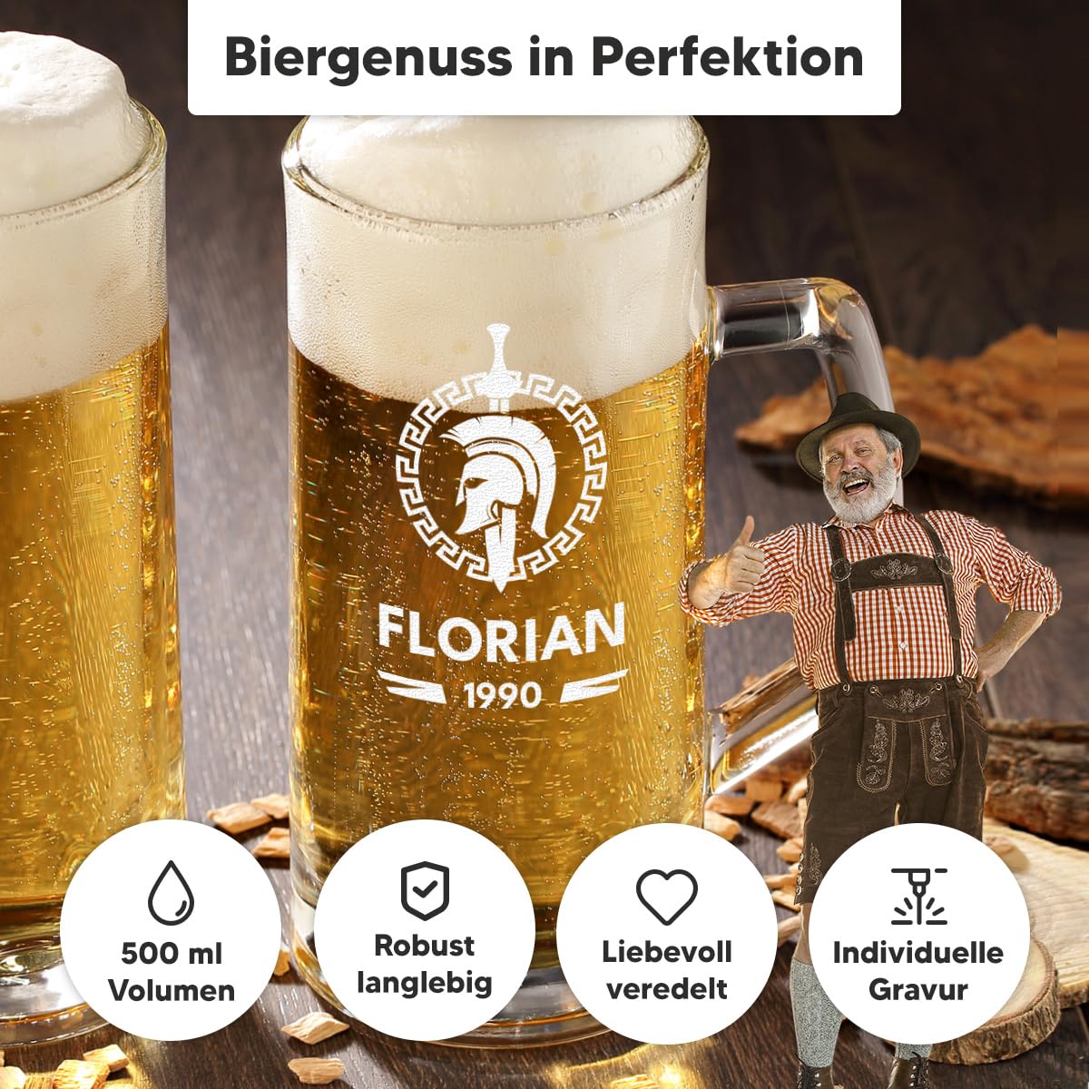 polar-effekt 2-tlg Set Bierkrug 0,5 L & Holzkiste mit personalisierter Gravur - Geschenke für Männer zum Geburtstag - Bierglas für Weißbier, Pils und Export