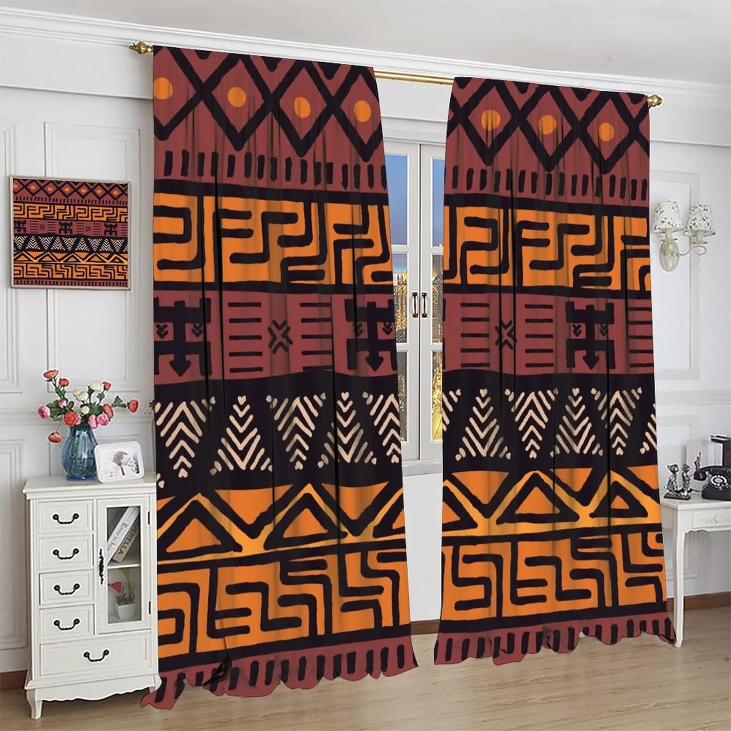 African Mud Cloth Blackout Curtains, Tribal Design Ethnic Colorful Bohemian Pattern with Geometric Elements Rod Pocket Windows Door Curtain for Bedroom Living Room Home Decor 42x45in