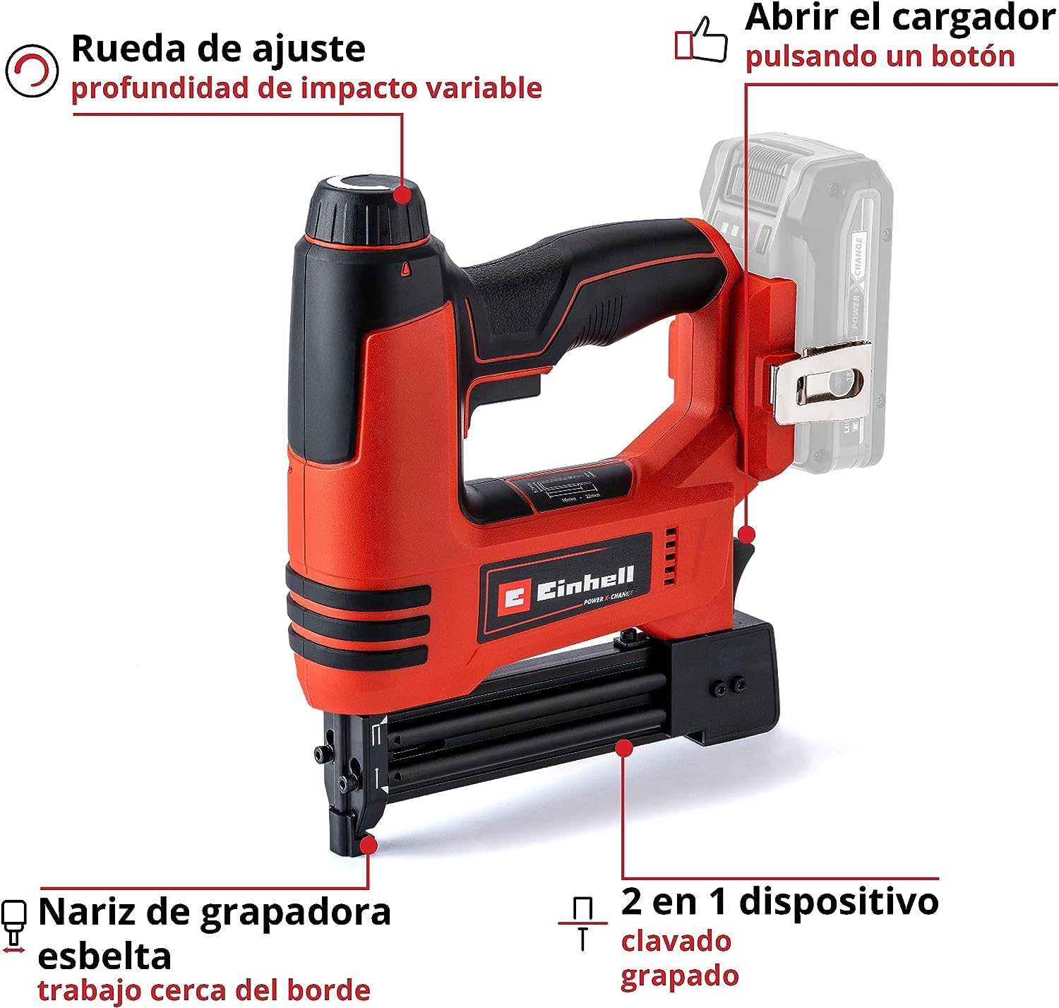 Einhell Clavadora con batería TE-CN 18 Li-Solo | PXC | 18 V | clavadora/grapadora | 20 disparos/min | clavo 32 mm | grapa 22 mm | 300 grapas + 300 clavos | sin batería